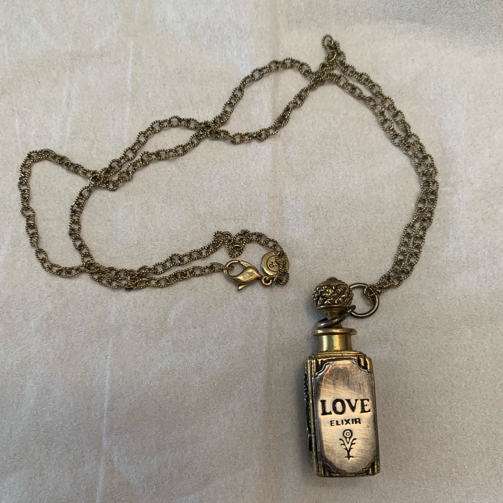 Waxing Poetic Love Elixir Bottle w Brass Chain 21”